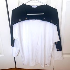 Calvin Klein size medium long sleeve blouse buttons square neck black and white